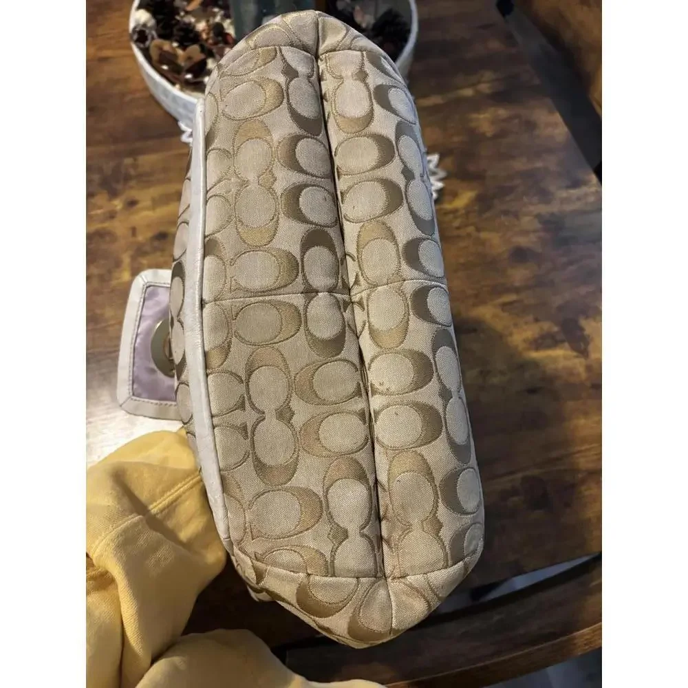 Coach Signature Jacquard Brass Trim Shoulder Bag White/Lavender - Picture 8 of 10